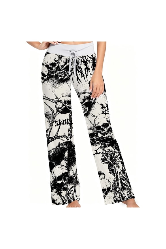 Women Pajama Pants Gothic Skull and Thorn Print Black White Style， Soft Lounge Sleep Pants， Casual Comfy Loose Fit Pajama Bottoms With Elastic Waist， Perfect Gifts For Birthday Holidays.