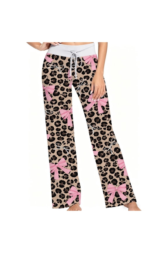 Women Pajama Pants Leopard Print With Pink Bow Knot Pattern, Soft Lounge Sleep Pants, Casual Comfy Loose Fit Pajama Bottoms With Elastic Waist, Perfect Gifts For Birthday Holidays.