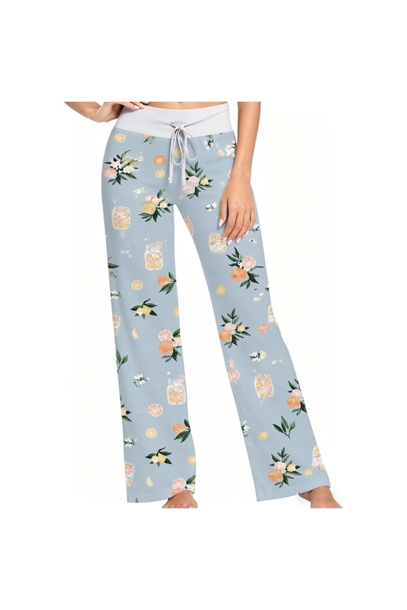 Women Pajama Pants Light Blue Citrus Lemon Orange Floral Print, Soft Lounge Sleep Pants, Casual Comfy Loose Fit Pajama Bottoms With Elastic Waist, Perfect Gifts For Birthday Holidays.
