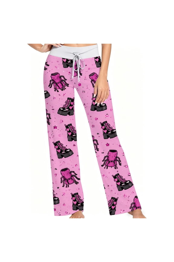 Women Pajama Pants With Pink Emo Goth Aesthetic Heart Boots Print, Soft Lounge Sleep Pants, Casual Comfy Loose Fit Pajama Bottoms With Elastic Waist, Perfect Gifts For Birthday Holidays.