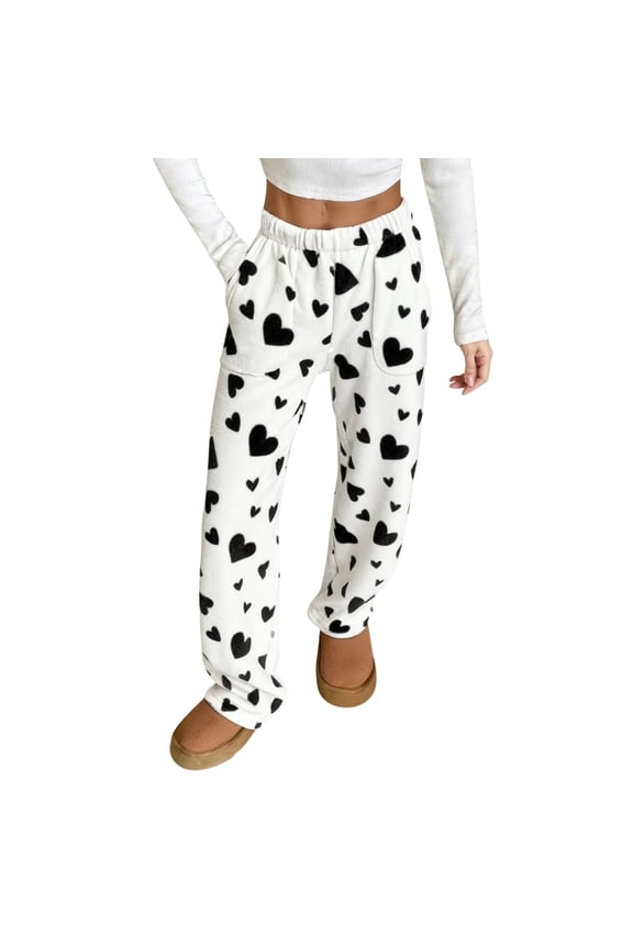 Women Pajama Pants Plush Sleep Pants Soft Elastic Waist Pajama Bottoms Patterned Pants With 2 Pockets with Heart Pattern for Sweet and Comfortable Nightwear,White,3XL