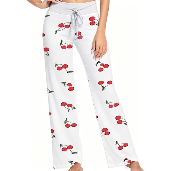 Women Pajama Pants Red Cherry Print Pattern, Soft Lounge Sleep Pants, Casual Comfy Loose Fit Pajama Bottoms With Elastic Waist, Perfect Gifts For Birthday Holidays.