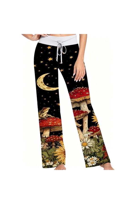 Women Pajama Pants Starry Night Moon Mushroom Floral Print, Soft Lounge Sleep Pants, Casual Comfy Loose Fit Pajama Bottoms With Elastic Waist, Perfect Gifts For Birthday Holidays.