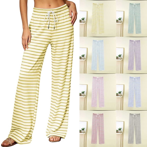 Women Pajama Pants Striped Lyocell Straight Leg Cool Touch Elastic Waist Soft Casual Sleep Bottom