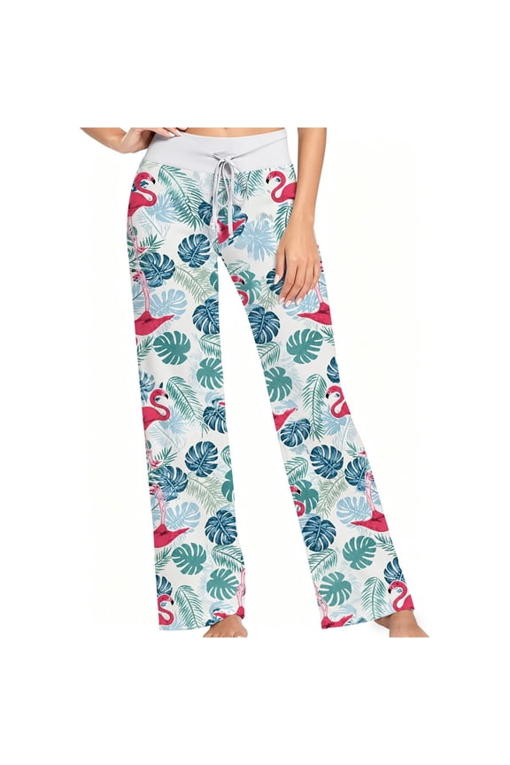 Women Pajama Pants Tropical Pink Flamingo and Green Leaf Print Soft Lounge Sleep Pants Casual Comfy Loose Fit Pajama Bottoms With Elastic Waist Perfect Gifts For Birthday Holidays.