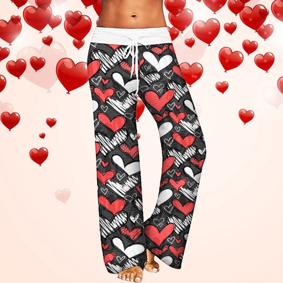Women Pajama Pants Valentine's Day Heart Print Loose Pjs Bottoms With Drawstring Stretch Soft Comfy Sleep Pants Lounge With Pockets Grey S