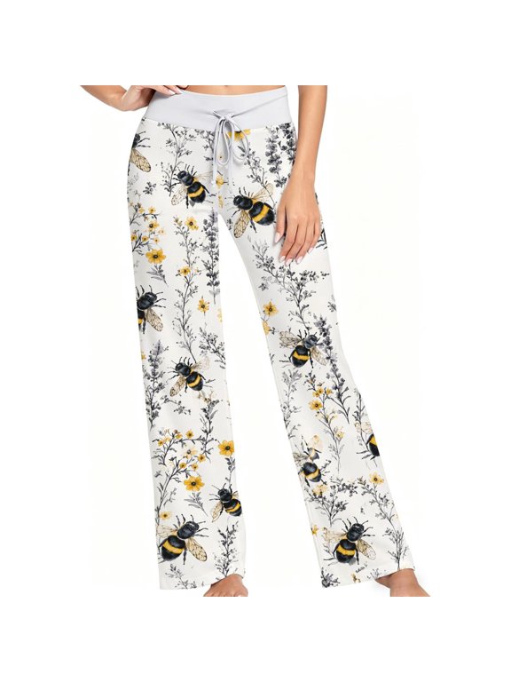 Women Pajama Pants Yellow Floral Bumblebee Print, Soft Lounge Sleep Pants, Casual Comfy Loose Fit Pajama Bottoms With Elastic Waist, Perfect Gifts For Birthday Holidays.