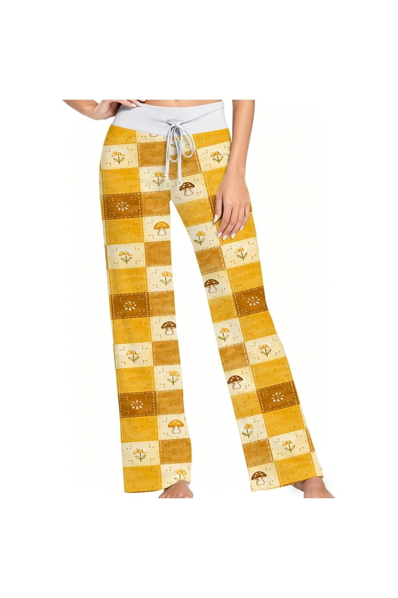Women Pajama Pants Yellow Patchwork Daisy Mushroom Print, Soft Lounge Sleep Pants, Casual Comfy Loose Fit Pajama Bottoms With Elastic Waist, Perfect Gifts For Birthday Holidays.