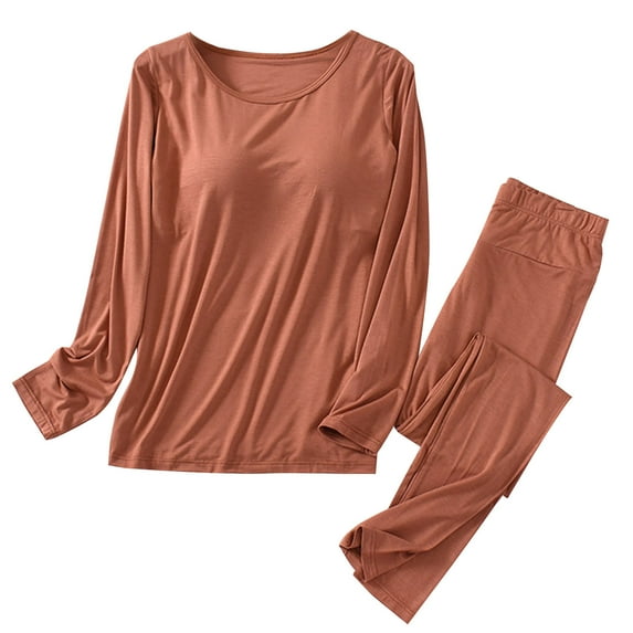 Women Pajama Pijama Set Pajama Women Women Solid Color Round Neck Padded Pajamas with Cups Long Sleeves and Trousers Two Piece Home Pajamas Sets