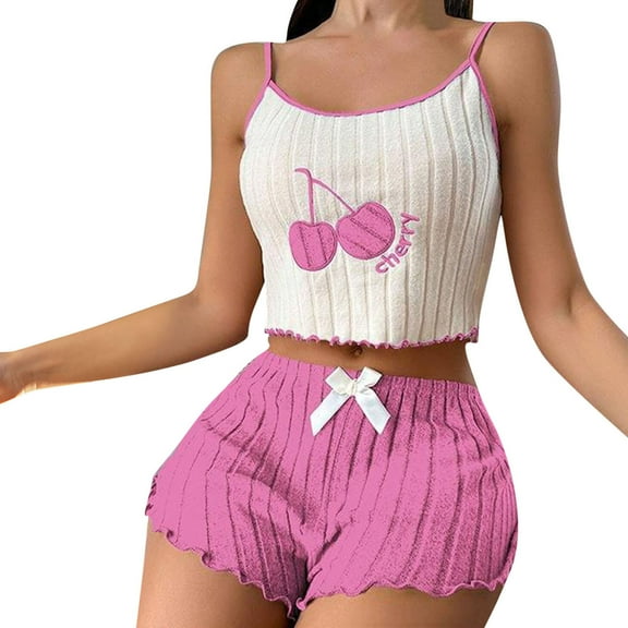 Women Pajama Set Cute Print Cami Shorts Sleepwear 2 Piece Loungewear Soft Cotton Summer Nightwear Girly Pjs