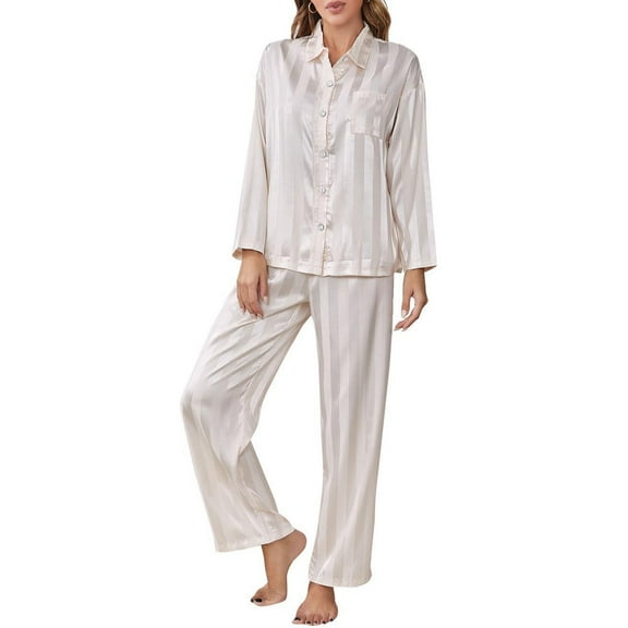 Women Pajama Set, Long Sleeve Button Closure Shirt with Pants Striped Sleepwear Loungewear