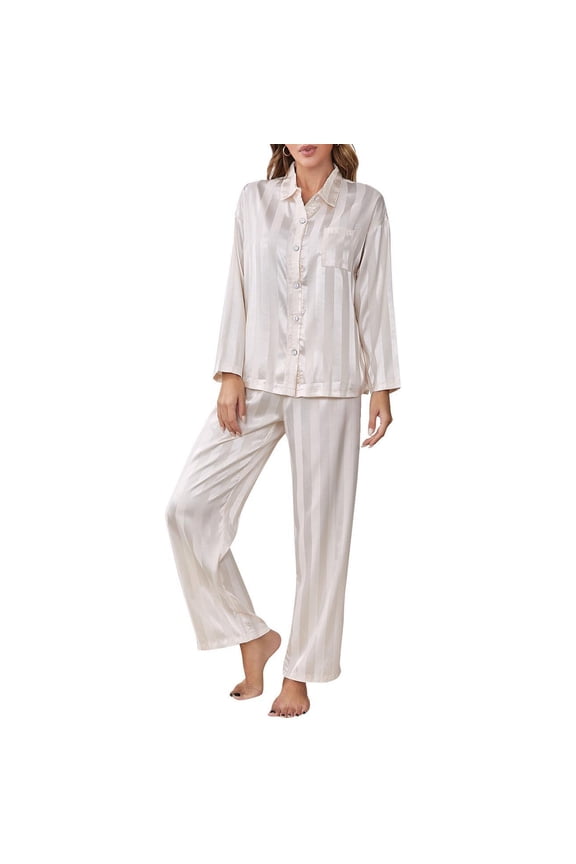 Women Pajama Set, Long Sleeve Button Closure Shirt with Pants Striped Sleepwear Loungewear
