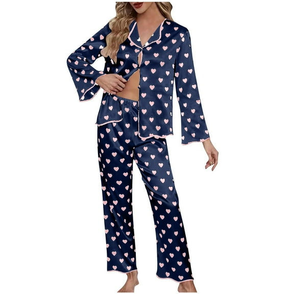 Women Pajama Set Long Sleeve Button Down Sleepwear Two Piece Heart Print Loungewear Soft Pjs Nightwear