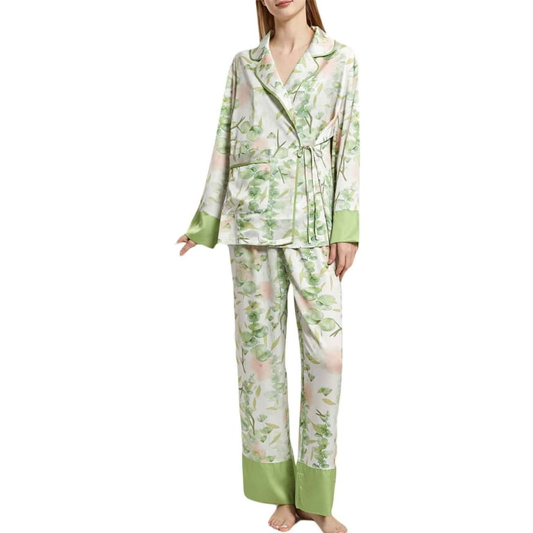 Women Pajama Set Plant Print Long Sleeve Lapel Collar Tie up Tops with Pants Sleepwear Loungewear M L XL Walmart