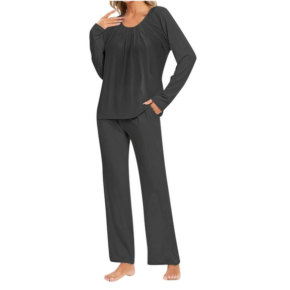Women Pajama Set Pleats Long Sleeve Top with Straight Leg Pants Lounge Sets Sleepwear Loungewear with Pockets