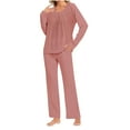thumbnail image 1 of Women Pajama Set Pleats Long Sleeve Top with Straight Leg Pants Lounge Sets Sleepwear Loungewear with Pockets, 1 of 6