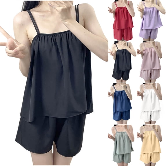 Women Pajama Set Solid Bandeau Spaghetti Strap Tank with Elastic Waist Loose Shorts Outfit