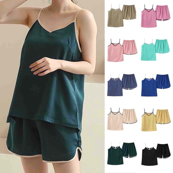 Women Pajama Set Solid V Neck Spaghetti Strap Soft Cami Top with Elastic Waist Casual Shorts Outfit