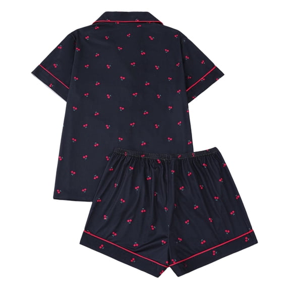 Women Pajama Sets 2 Piece Cherry Print Loungewear Collared Short Sleeve Top and Pajama Shorts Sleepwear Set Black M