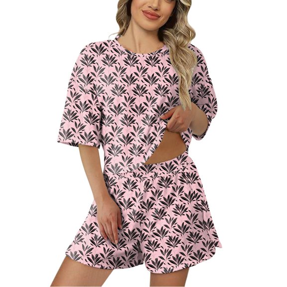 Women Pajama Sets Casual Short Sleeve Shorts Printed Womens Pjs Sets,Pink,M
