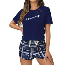 Women Pajama Sets Crew Neck Pullover Three Quarter Sleeves Printed T Shirt With Bow Plaid Shorts Womens Pjs