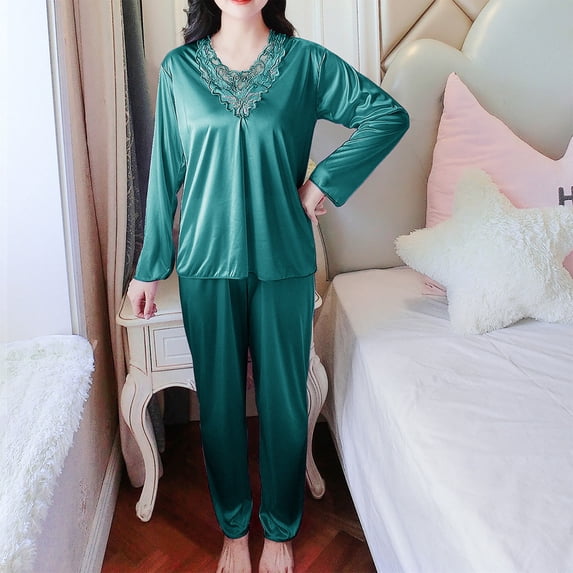 Women Pajama Sets Fashion Solid Color Lightweight Silk Pajamas Casual Crew Neck Long Sleeve Sleepwear Womens Summer Pajamas