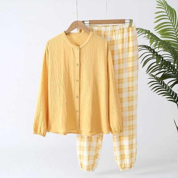 Women Pajama Sets Fashion Women Round Neck Buckle Fastening Loose Wrinkles Long Sleeved Elastic Waist Tie Straps Plaid Printing Trousers Pajama Set Pajama Sets for Women Pj Set