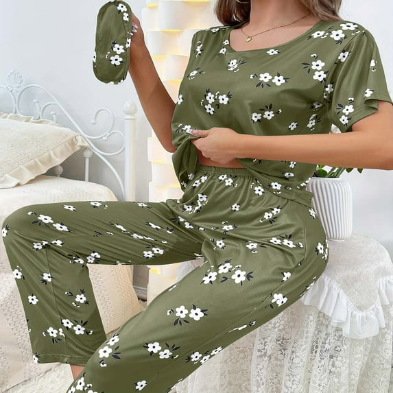 Women Pajama Sets Fashion Women Round Neck Printing Long Sleeved Top Elastic Waist Bandage Long Pants Eye Patch Pajama Set Pajama Sets for Women Pj Set