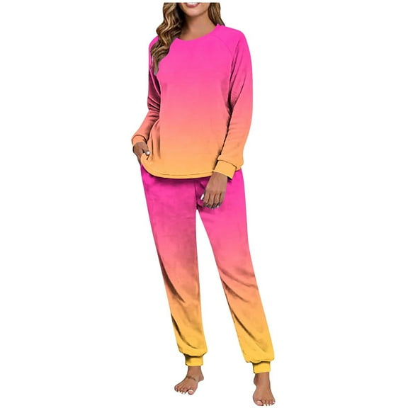 Women Pajama Sets Fleece 2 Pieces Fall Winter Loungewear Ombre PJs Long Sleeve Tops and Tapered Pants Cozy Night Gowns Thicken Nightshirt Relaxed Homewear