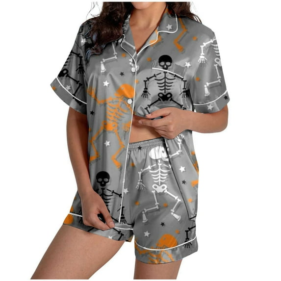 Women Pajama Sets Halloween Print Shorts Sleepwear Pj Sets Light Gray 2XL