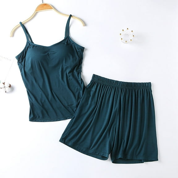 Women Pajama Sets New Women's Fashion Loose Solid Color Suspender Home Wear Two-Piece Pajama Sets Style B-25 Green L