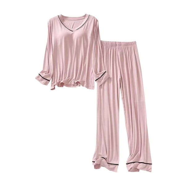 Women Pajama Sets Oversized Solid Color Breathable Sleepwear with Pants Summer Crew Neck Long Sleeve Pajamas Summer Pjs for Women