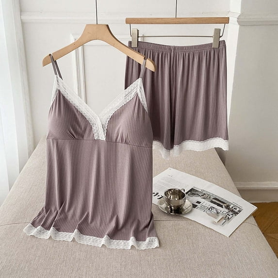 Women Pajama Sets Oversized Solid Color Lace Pajamas Set Casual Collared Sleeveless Sleepwear with Shorts Summer Pjs for Women