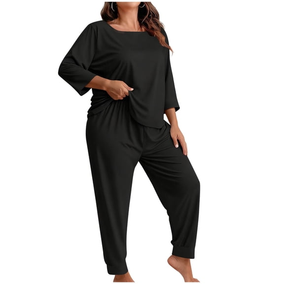 Women Pajama Sets Plus Size 2 Piece 3/4 Sleeve Top And Long Pants Casual Home Soft Comfy Elastic Waist Relaxing Outfits