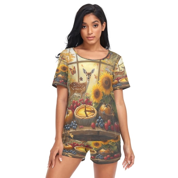 Women Pajama Sets Short Sleeve Sweatshirts Autumn's Bounty Casual Tops and Shorts