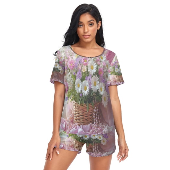 Women Pajama Sets Short Sleeve Sweatshirts Basket_of Flowers and Butterflies Casual Tops and Shorts