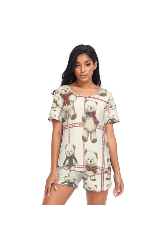 Women Pajama Sets Short Sleeve Sweatshirts Bear Hugs and Checkered Love Casual Tops and Shorts