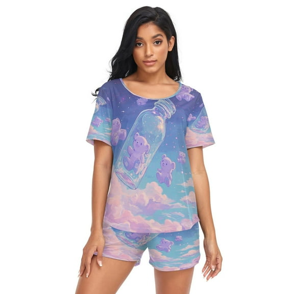 Women Pajama Sets Short Sleeve Sweatshirts Bear in Bottle Casual Tops and Shorts