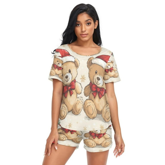 Women Pajama Sets Short Sleeve Sweatshirts Bears Christmas Hats Casual Tops and Shorts