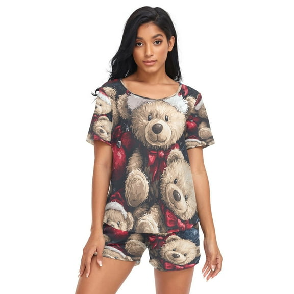 Women Pajama Sets Short Sleeve Sweatshirts Bears Christmas Ornaments Casual Tops and Shorts