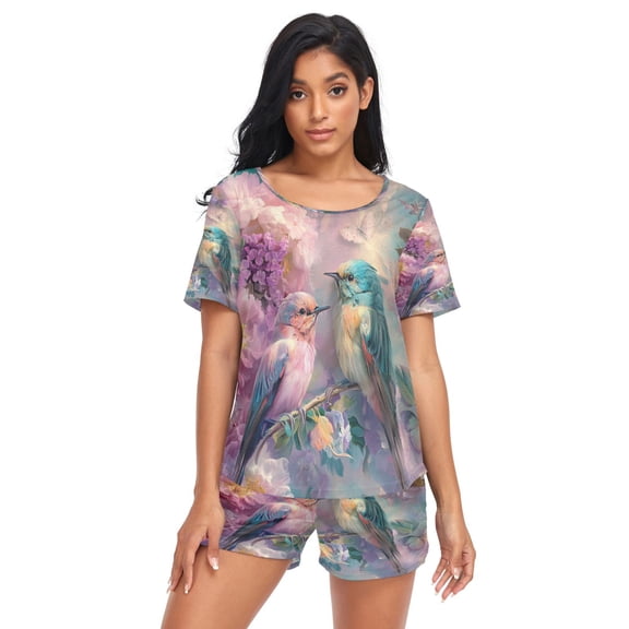 Women Pajama Sets Short Sleeve Sweatshirts Birds Flowers and Butterflies Casual Tops and Shorts