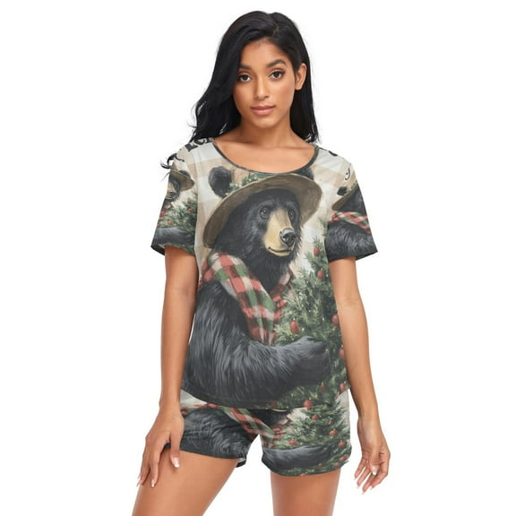 Women Pajama Sets Short Sleeve Sweatshirts Black Bear with Christmas Tree Casual Tops and Shorts