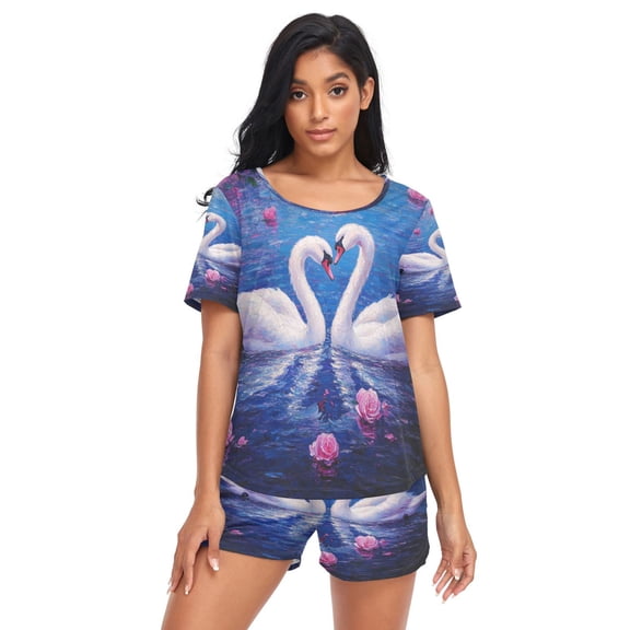 Women Pajama Sets Short Sleeve Sweatshirts Blissful Swans in Blue Casual Tops and Shorts