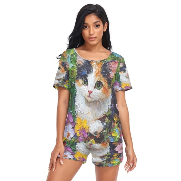 Women Pajama Sets Short Sleeve Sweatshirts Blossom Serenity Casual Tops and Shorts