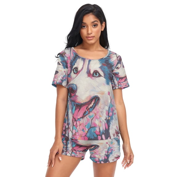 Women Pajama Sets Short Sleeve Sweatshirts Blossom Smiles Casual Tops and Shorts