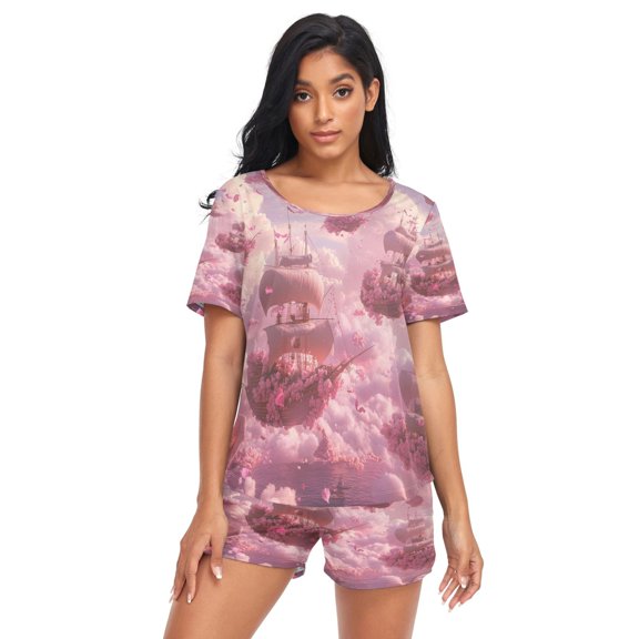 Women Pajama Sets Short Sleeve Sweatshirts Boat Of Flower Casual Tops and Shorts