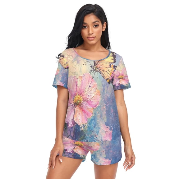 Women Pajama Sets Short Sleeve Sweatshirts Butterfly on Colorful Flower Painting Casual Tops and Shorts