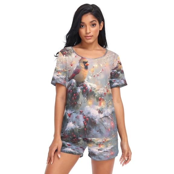 Women Pajama Sets Short Sleeve Sweatshirts Cardinal in A Winter Wonderland Casual Tops and Shorts