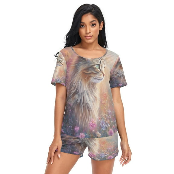 Women Pajama Sets Short Sleeve Sweatshirts Cat in A Flower Field Casual Tops and Shorts