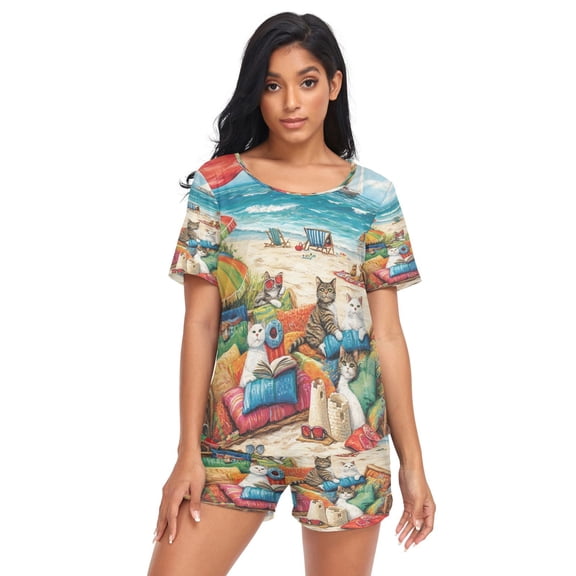 Women Pajama Sets Short Sleeve Sweatshirts Cats Relaxing on The Beach Casual Tops and Shorts